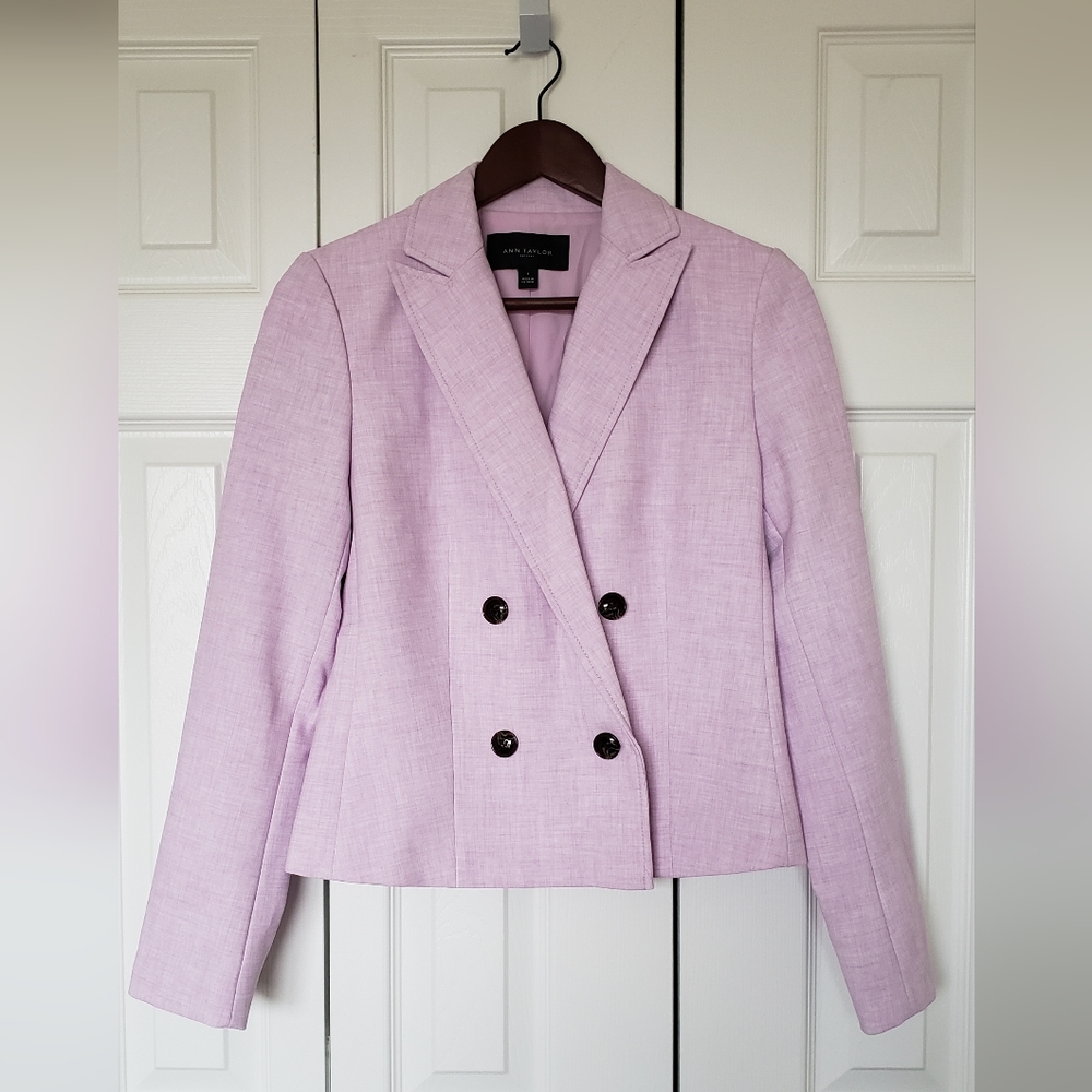Ann Taylor Factory Double Breasted Cropped Blazer in Lilac Cross Weave